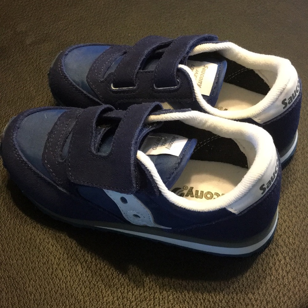 VGUC Saucony Jazz Lowpro Velcro size 10.5 Wide, blue with white